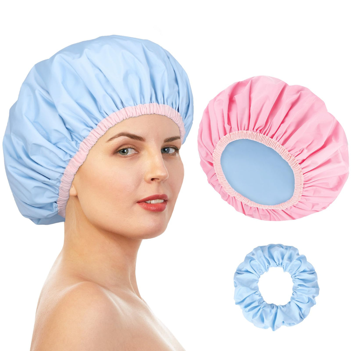 Pengxiaomei double-sided cap in blue-pink for two looks.