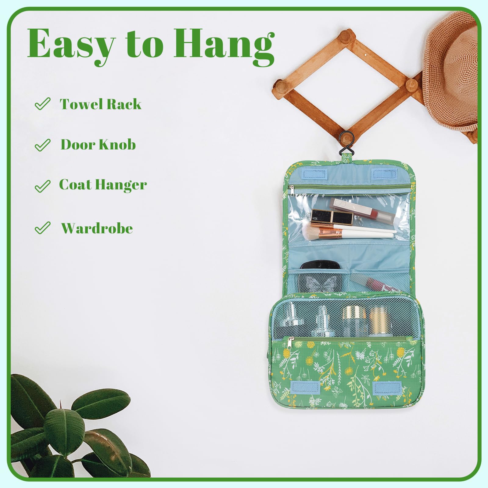 Pengxiaomei toiletry bag green hotel-room-bathroom keeps essentials neatly organized.