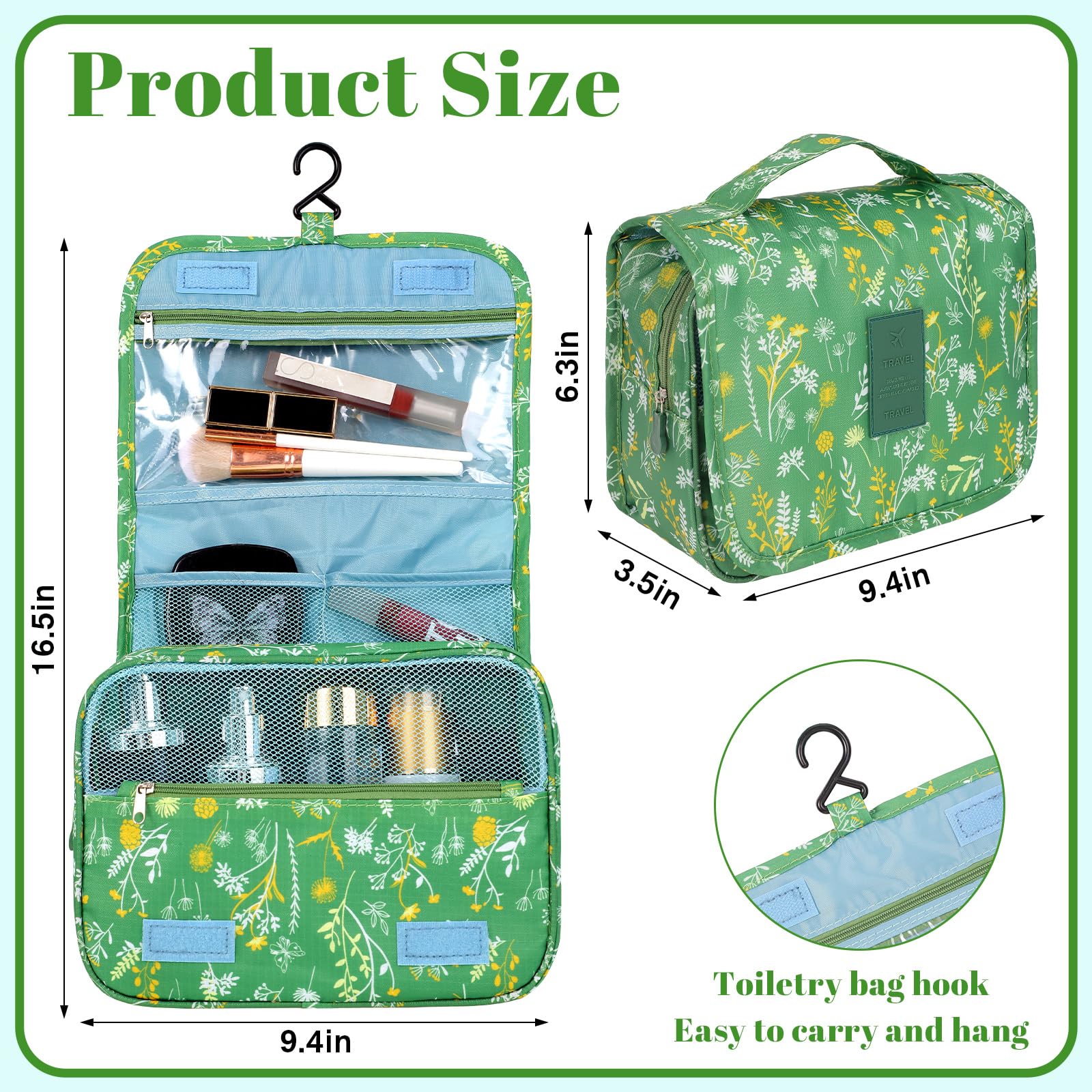 Pengxiaomei makeup pouch green multiple-compartments keeps items upright and easy to access.