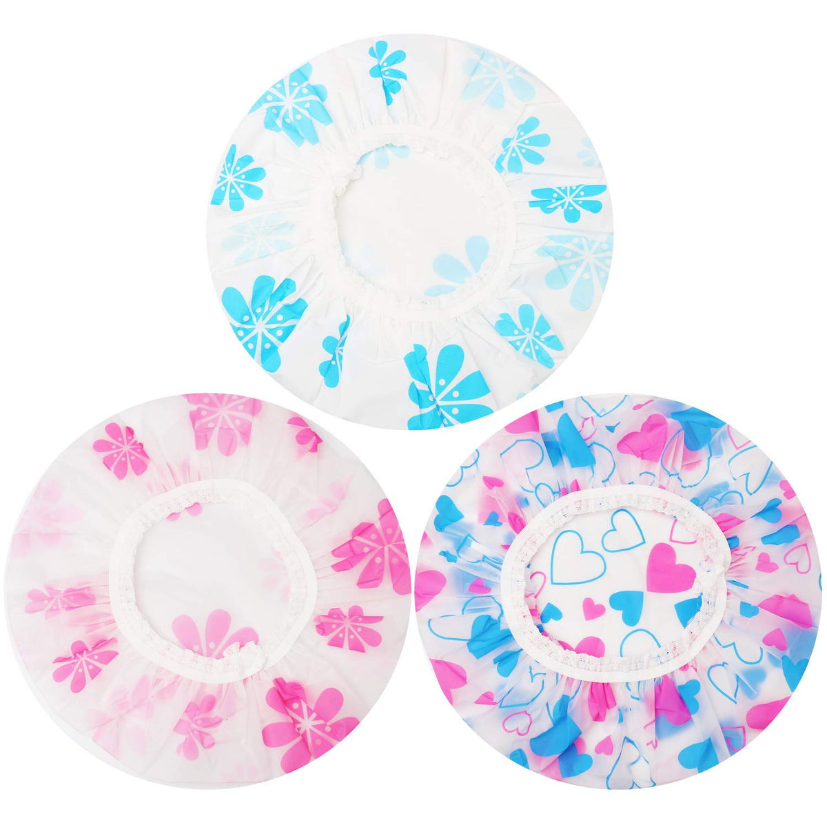 Pengxiaomei shower cap 3-pcs set with colorful patterns for durable waterproof protection.