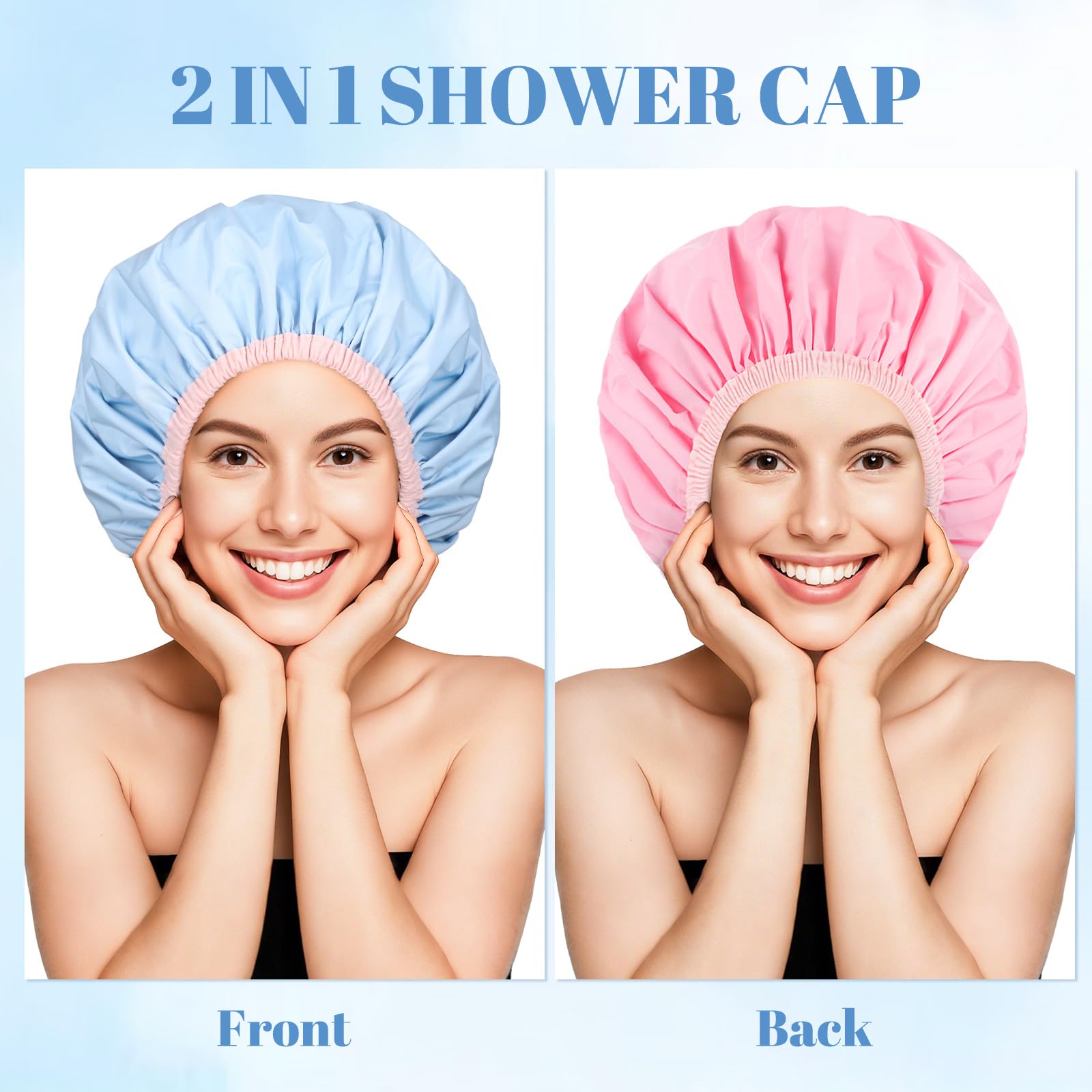 Pengxiaomei shower cap worn for a snug fit on head.