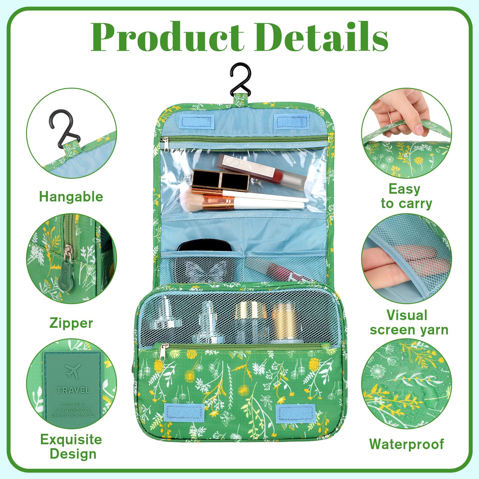 Pengxiaomei toiletry bag green unfolded-flat displays expanded storage for packing flexibility.