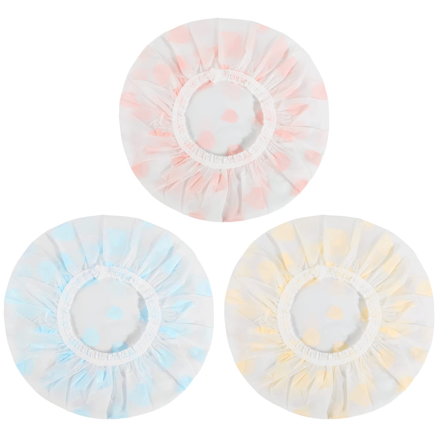 Pengxiaomei waterproof shower cap set rolled for travel and reuse convenience.