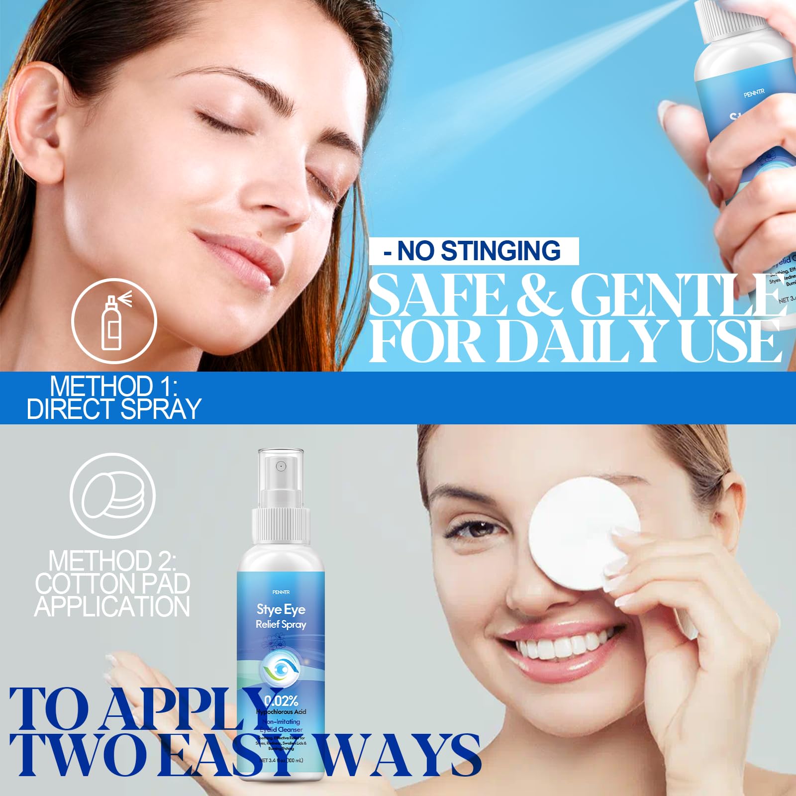 PENNTR Stye Eye Drops highlight HOCl solution for gentle, non-stinging eyelid care.