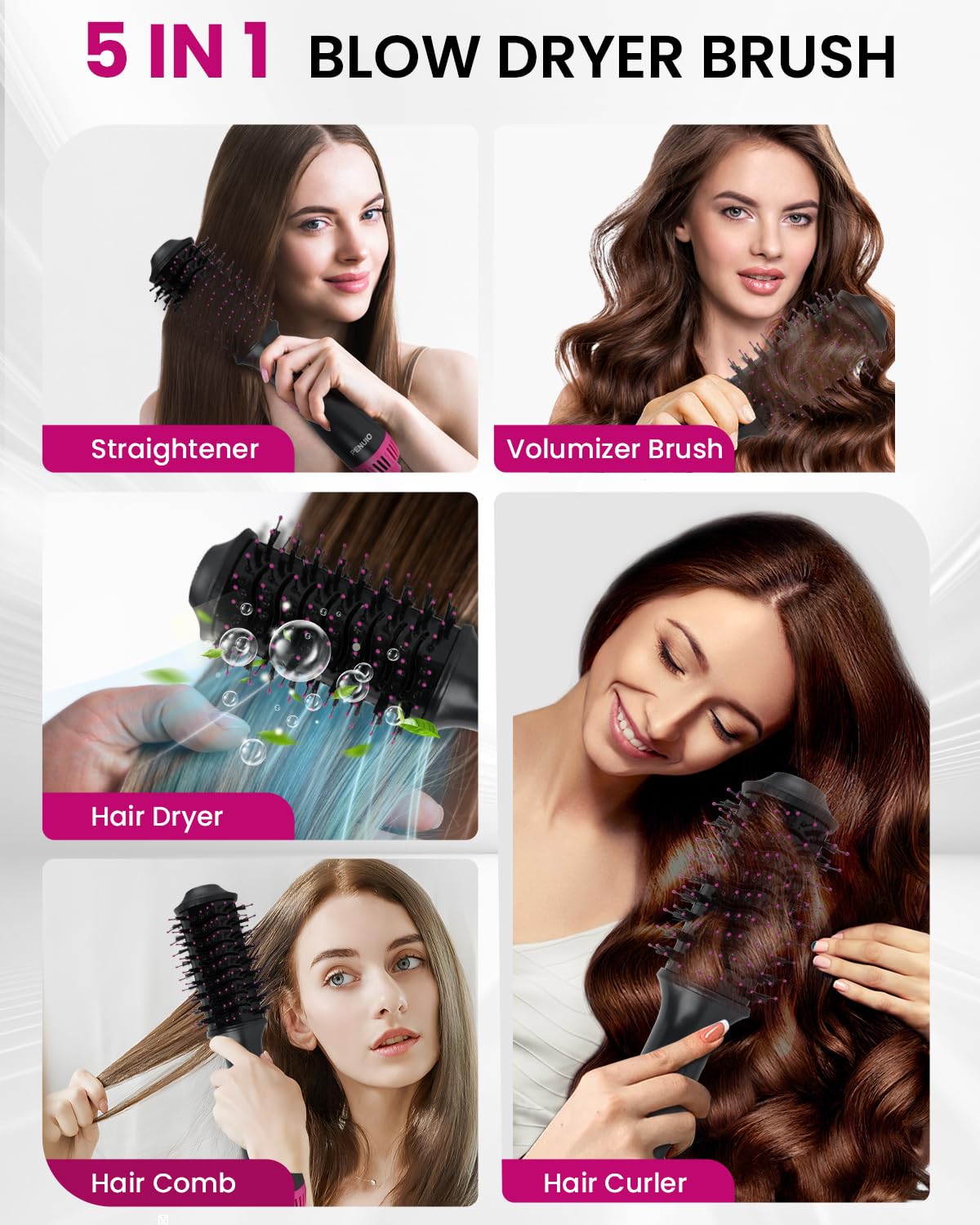 PENUIO hair dryer brush oval barrel provides lift and smooth finish.