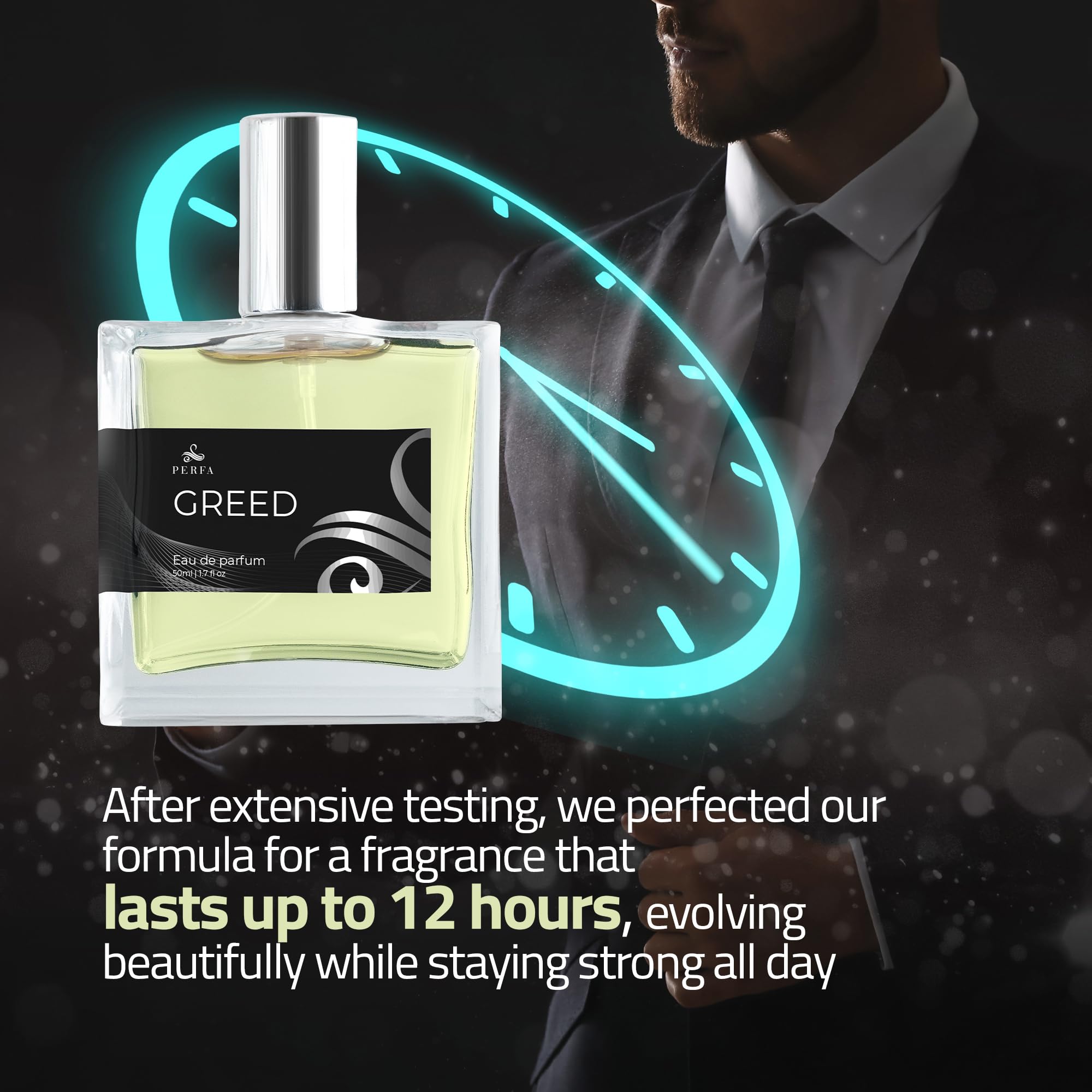 Perfa Greed heart notes patchouli sandalwood offer depth for evening occasions.