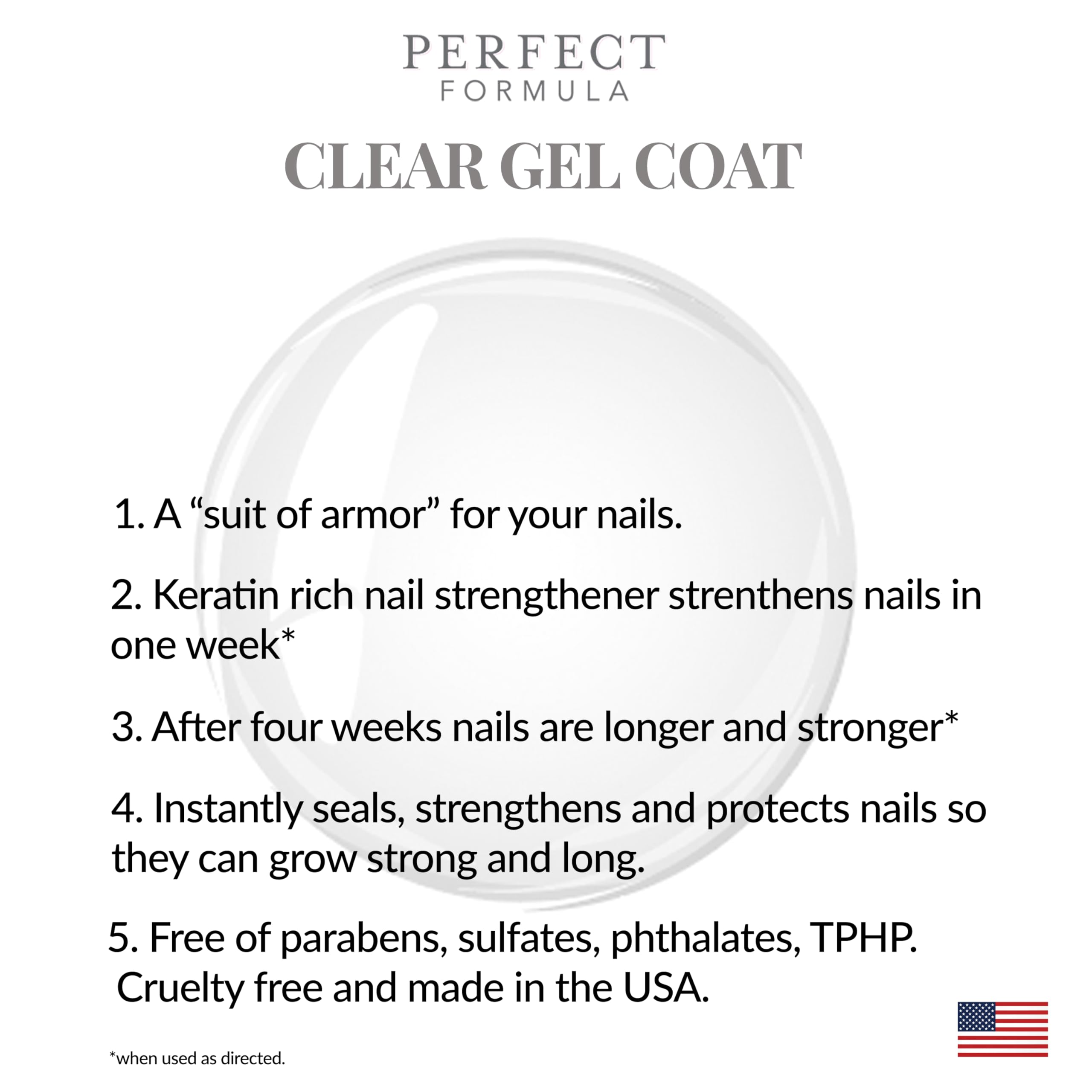 Perfect Formula Clear Gel Coat bottle close-up shows quick-dry formula for faster manicures