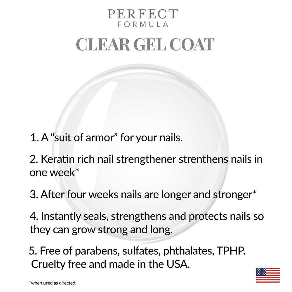 Perfect Formula Clear Gel Coat bottle close-up shows quick-dry formula for faster manicures