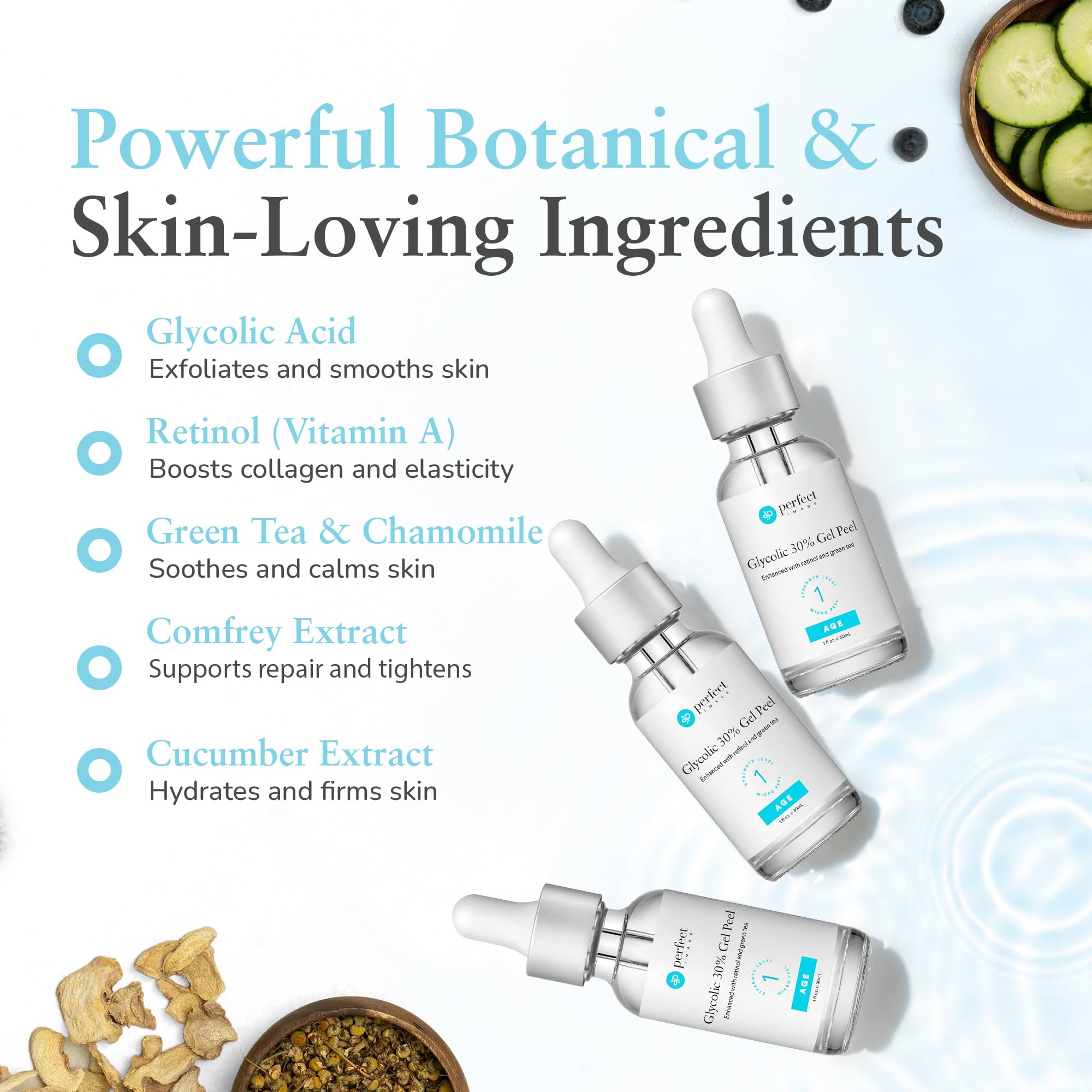 Perfect Image Glycolic 30% Gel Peel chamomile infusion signals soothing antioxidant care.