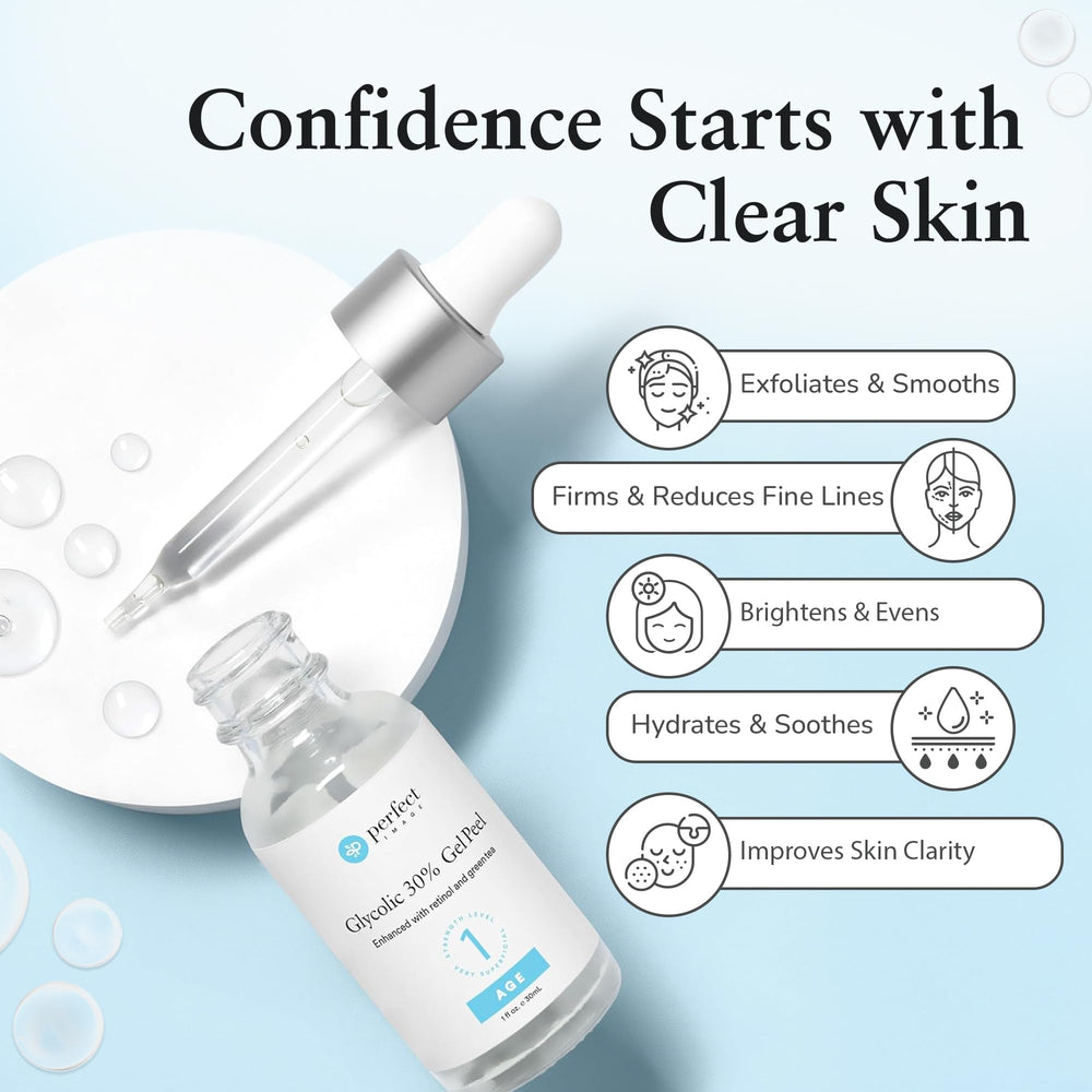 Perfect Image Glycolic 30% Gel Peel with retinol highlights improved elasticity.