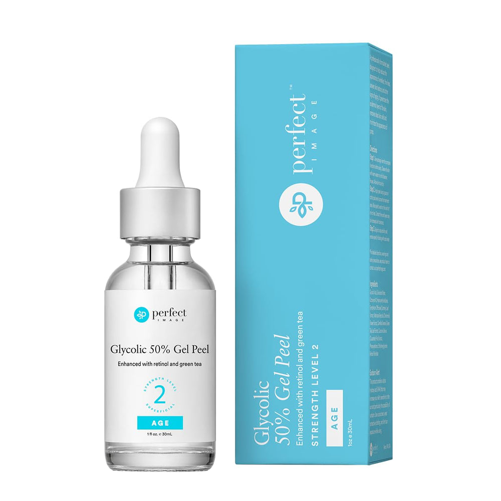 Perfect Image Glycolic 50% Gel Peel bottle displays professional exfoliation for smoother skin.