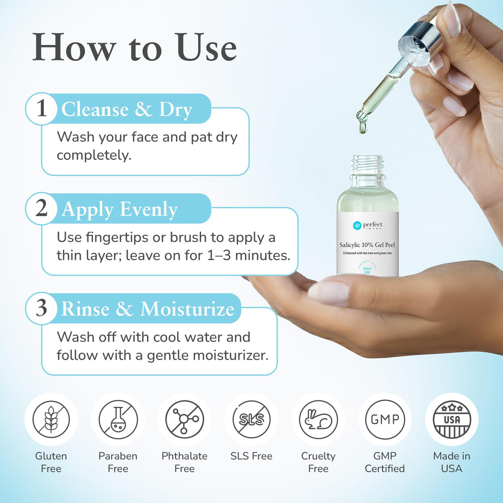 Perfect Image Salicylic 10% Gel Peel application swipe suggests simple daily use in routines.