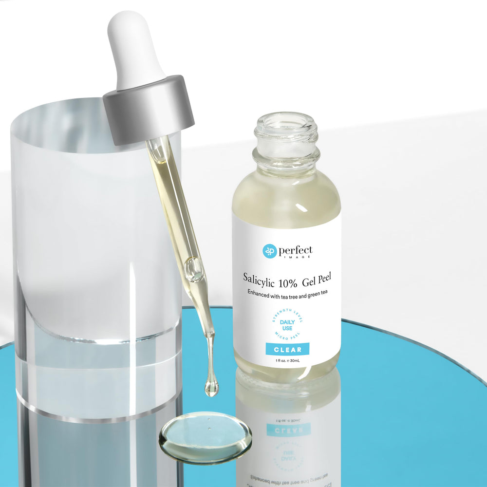 Perfect Image Salicylic 10% Gel Peel travel-friendly bottle on vanity for quick skincare.
