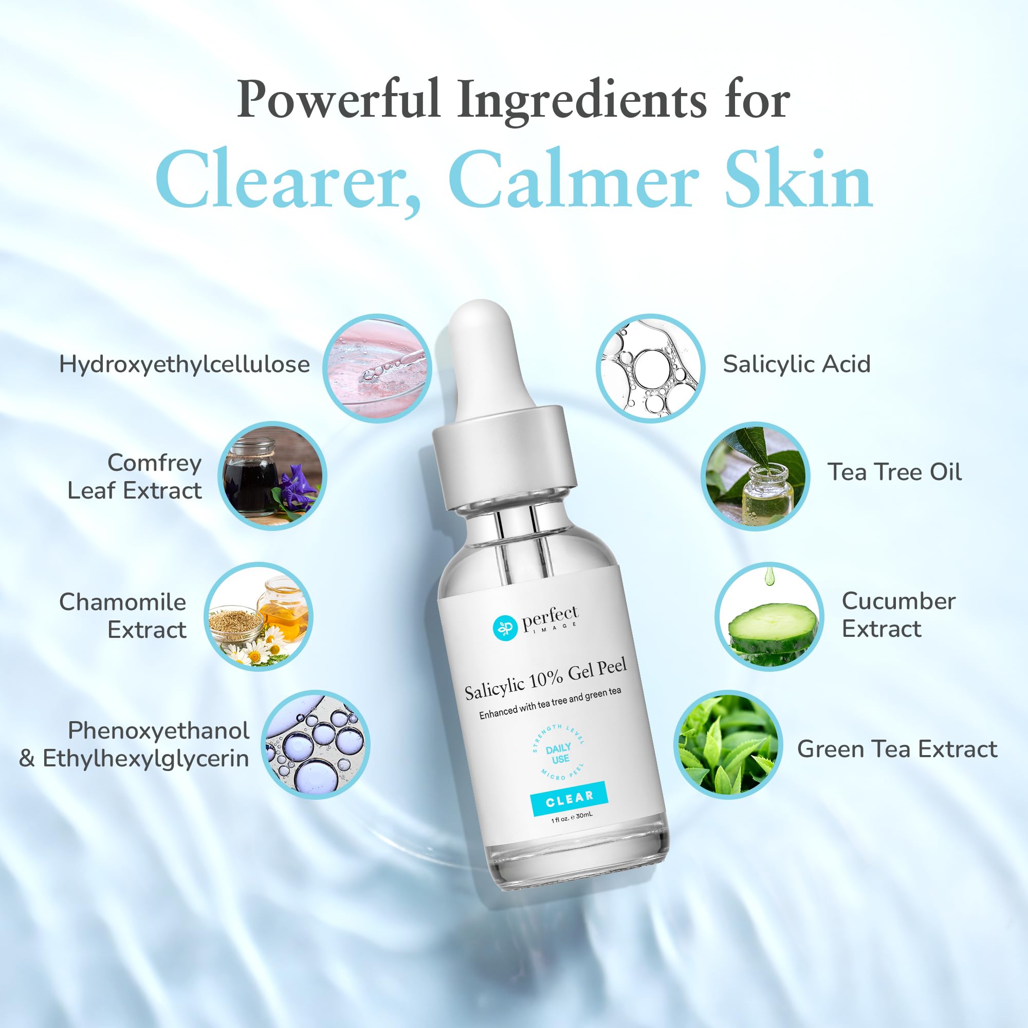 Perfect Image Salicylic 10% Gel Peel ingredients spread highlights Tea Tree Oil and Green Tea Extracts.