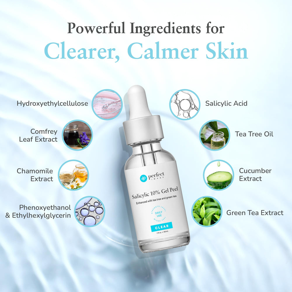 Perfect Image Salicylic 10% Gel Peel ingredients spread highlights Tea Tree Oil and Green Tea Extracts.