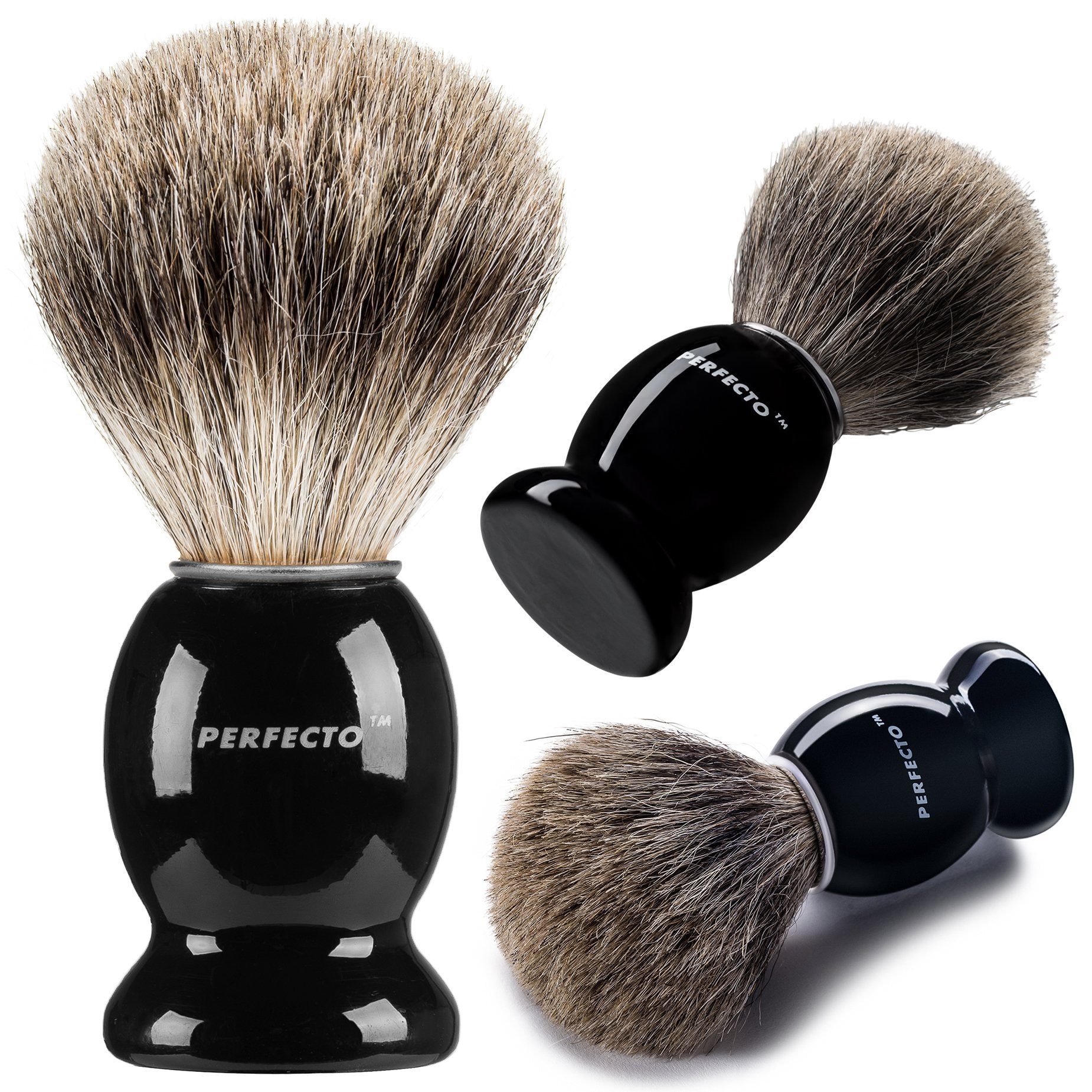 Perfecto badger brush with black handle delivers a luxurious lather for a smooth shave.