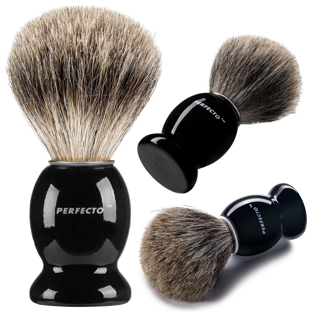 Perfecto badger brush with black handle delivers a luxurious lather for a smooth shave.
