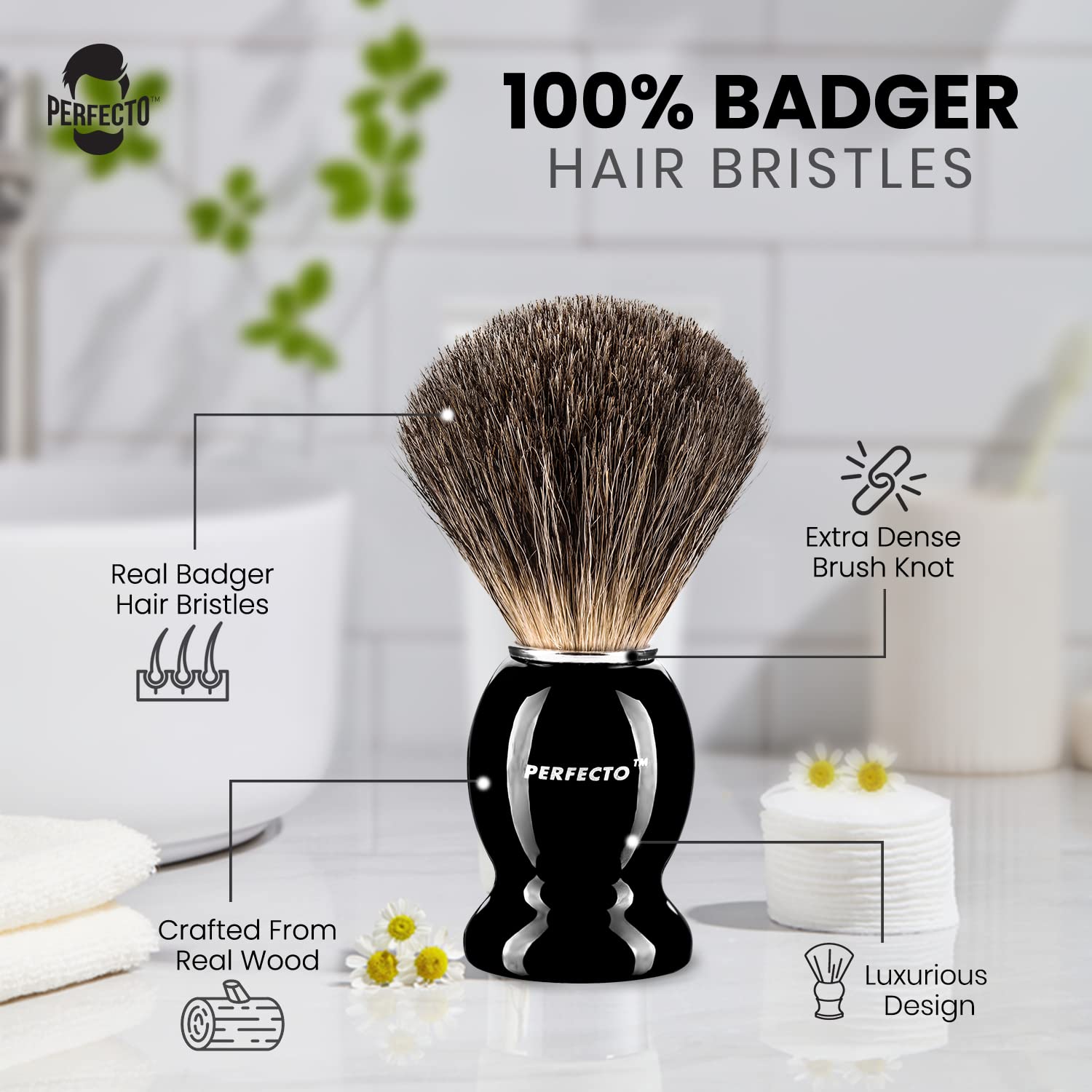 Perfecto badger brush soft bristles create a rich lather with shaving gel.