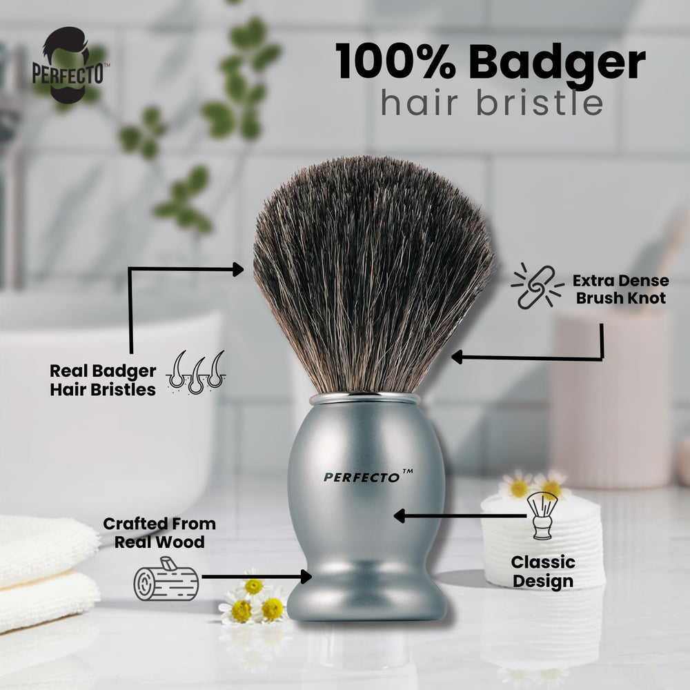Perfecto badger shaving brush soft bristles for a gentle, premium lather.