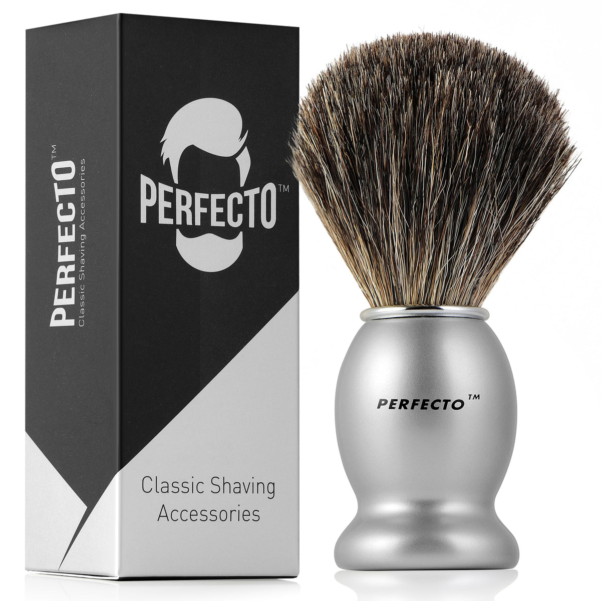 Perfecto badger shaving brush with wood handle for a precise, comfortable shave.