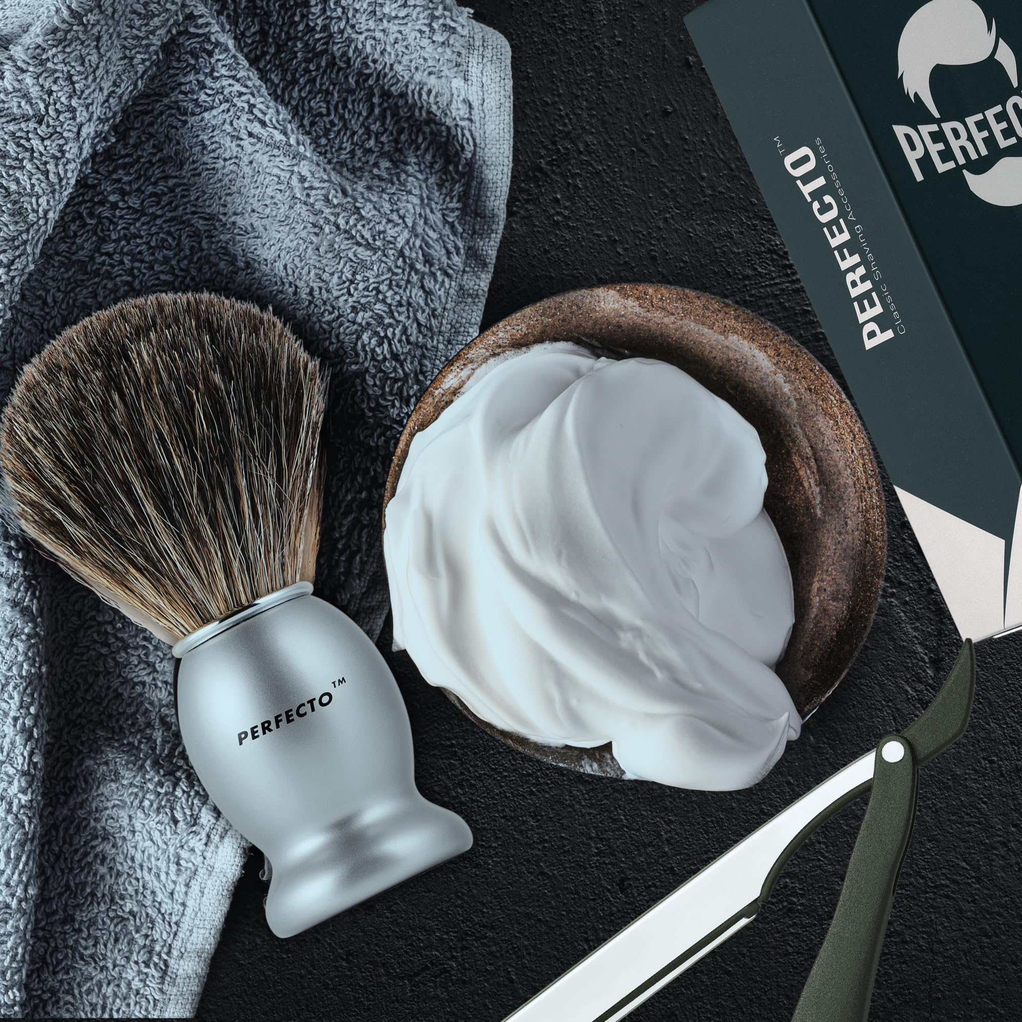Perfecto badger shaving brush fits the Deluxe Chrome Stand for organized display.