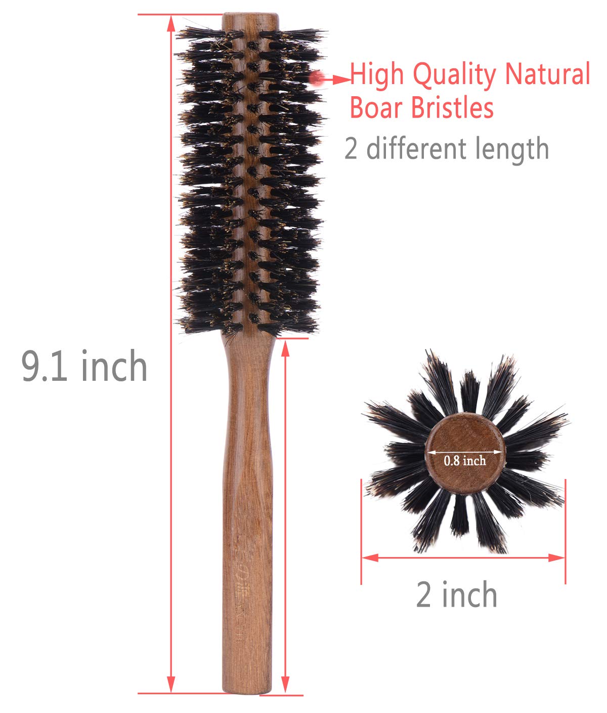 PERFEHAIR boar bristle round brush bristle-length detail enhances styling through hair.