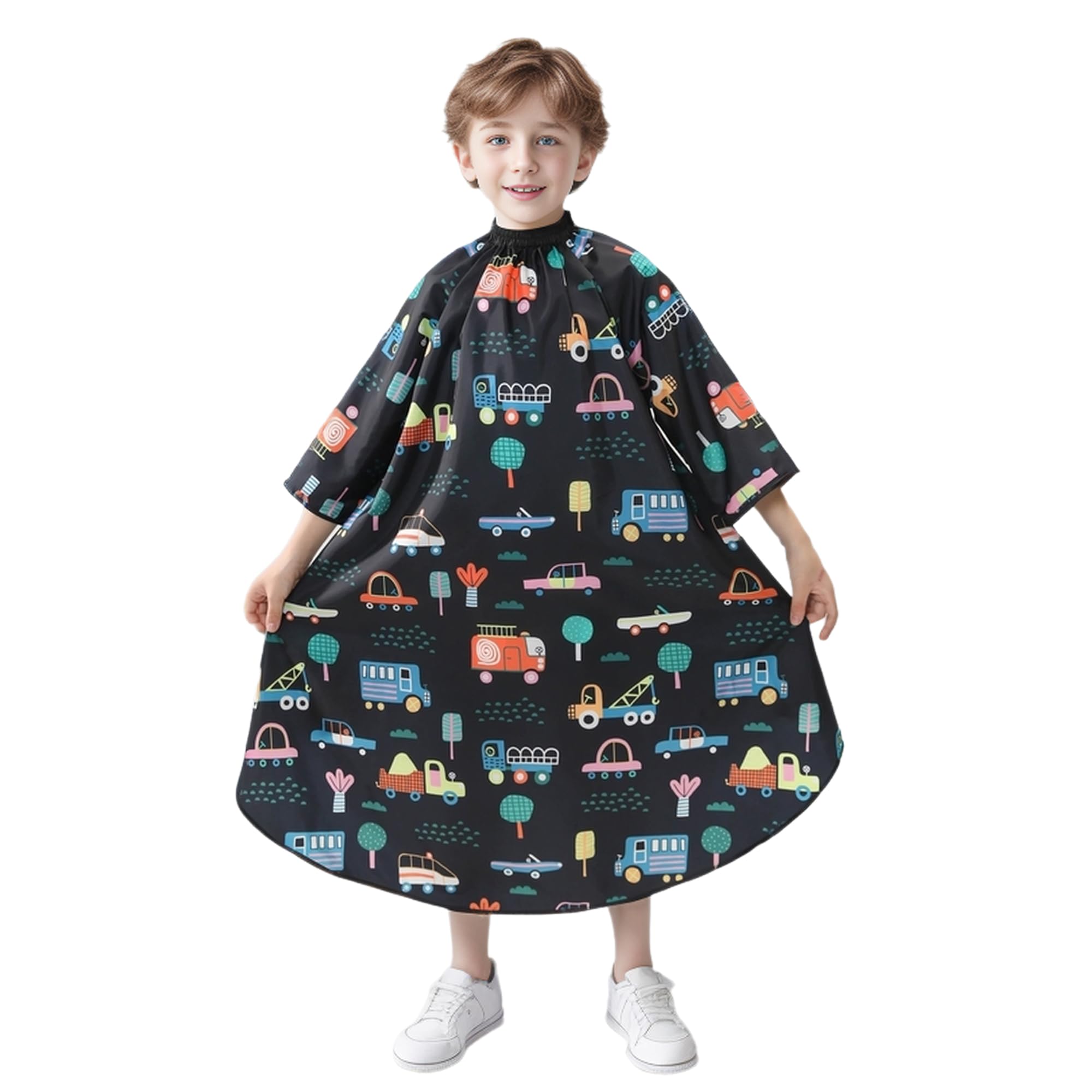 PERFEHAIR Kids Haircut Cape with Sleeves Cars Print keeps clothes clean during trims.
