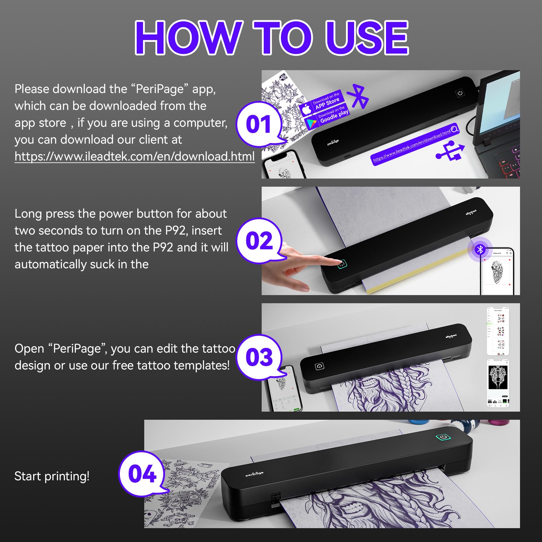 PeriPage P92 app template library image showcases built-in designs for quick tattoo drafts.