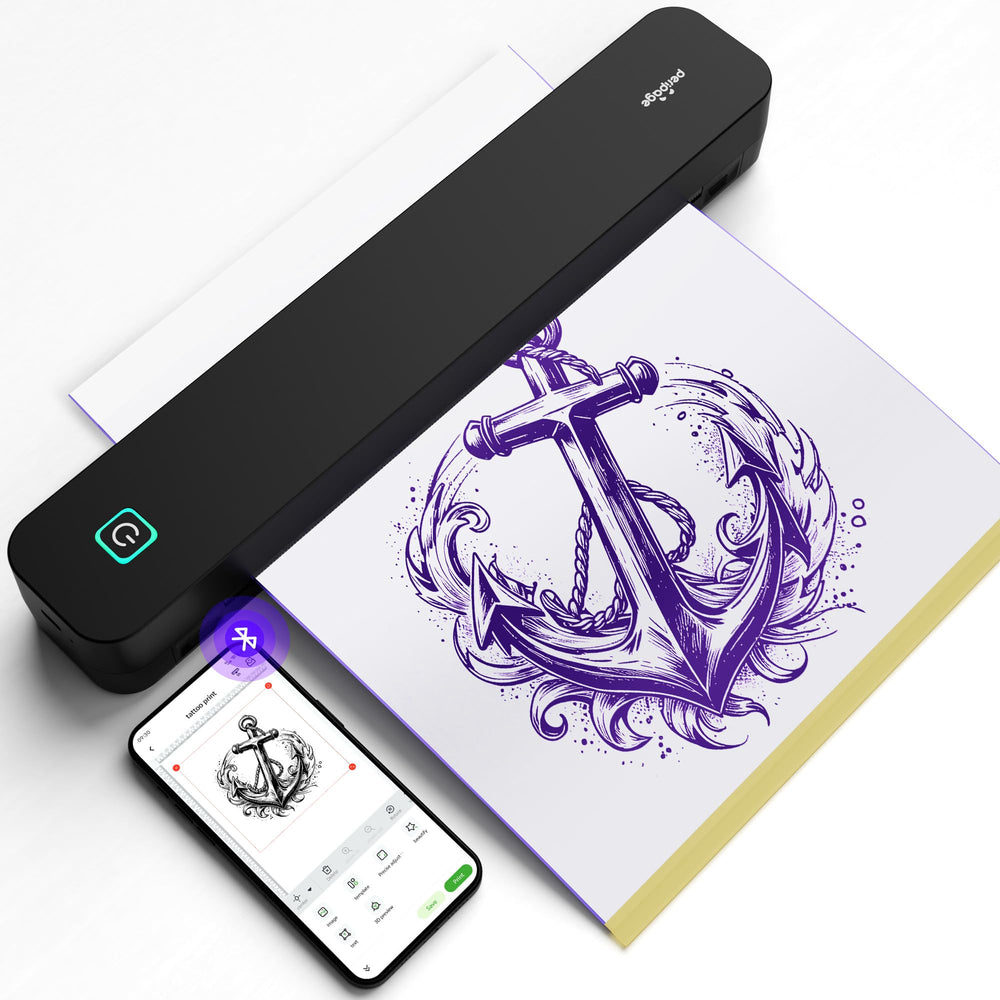 PeriPage P92 printer front view shows compact inkless design for on-the-go tattoo prep.