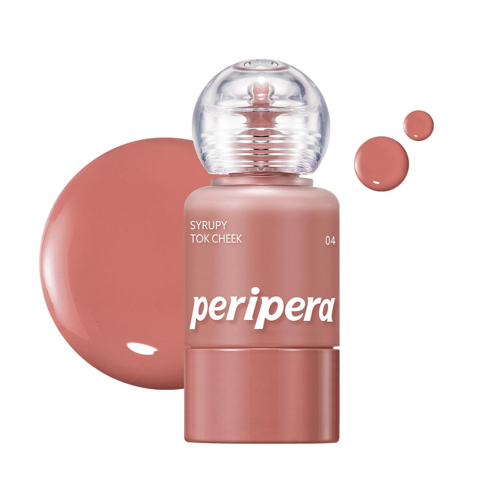 Peripera Syrupy Tok Cheek bottle-pour shows dewy glow and hydrating texture.