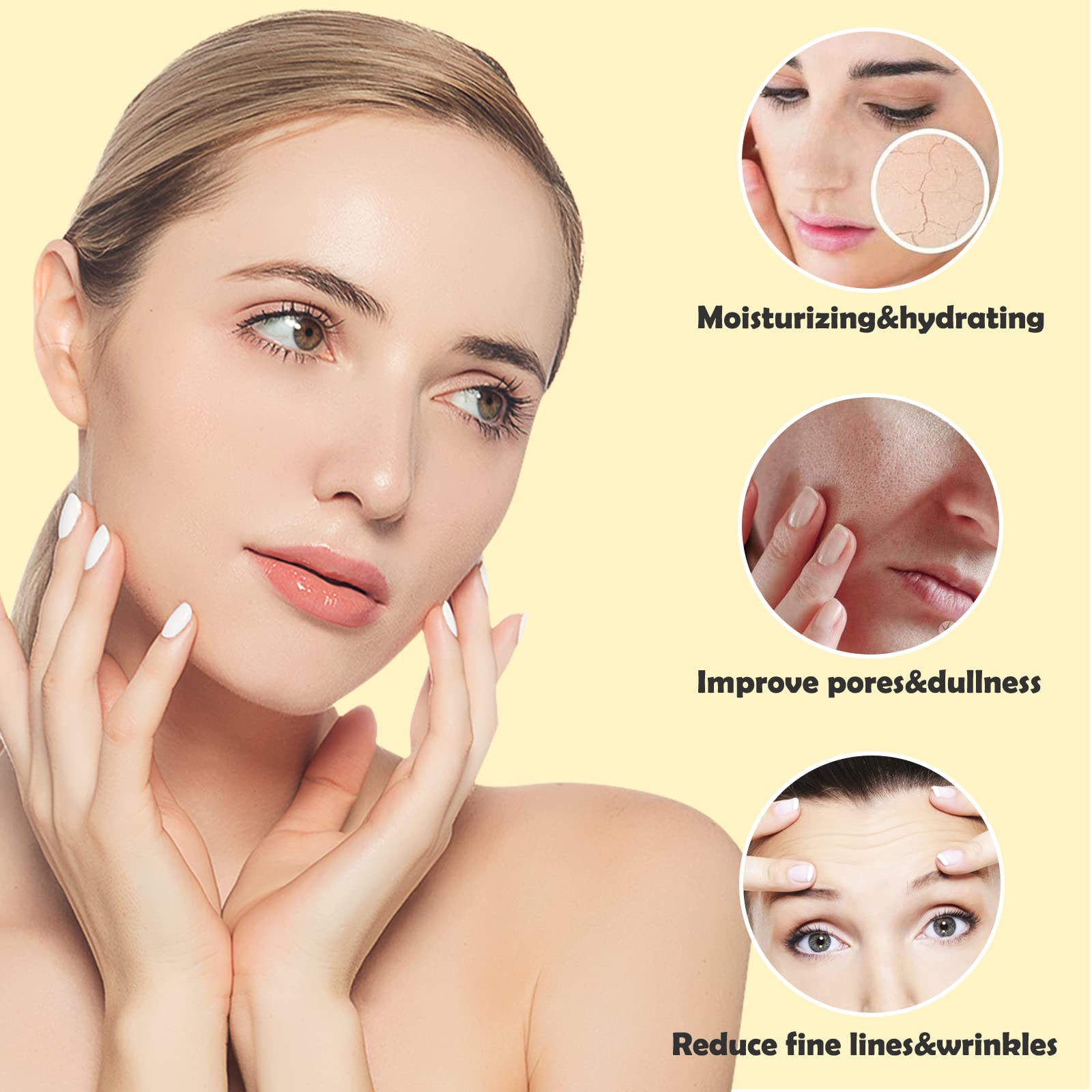 Permotary skin smoothing effect on face mask application demonstrates instant plump look.