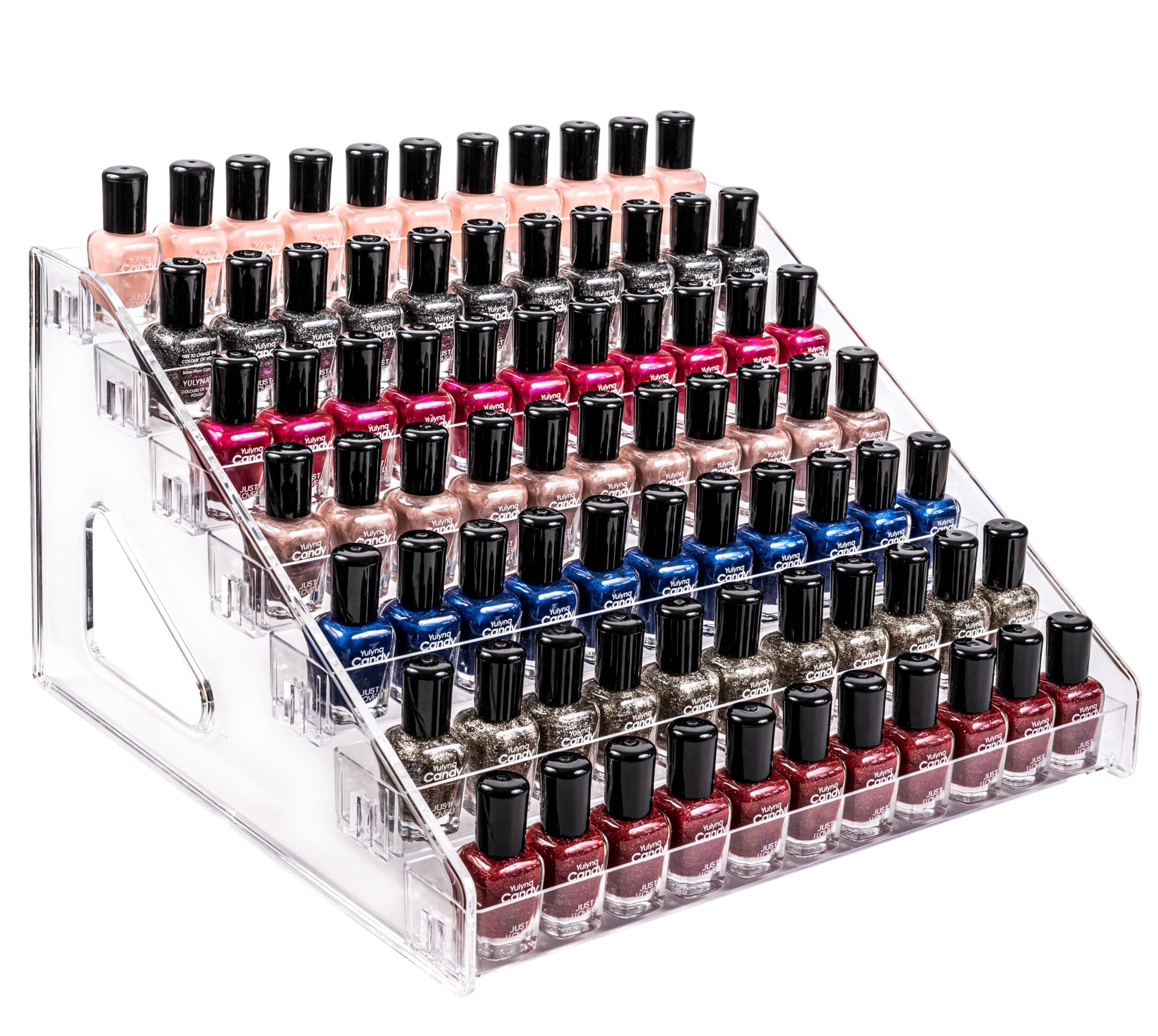 Pero Pero nail polish organizer shows seven-tier acrylic display for easy access and visibility.