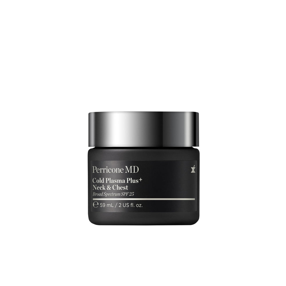 Perricone MD Cold Plasma Neck & Chest SPF25 bottle shows protective, smoothing skincare benefits.