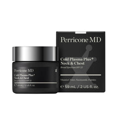 Perricone MD Cold Plasma neck-chest texture close-up emphasizes smoothing and gentle absorption.