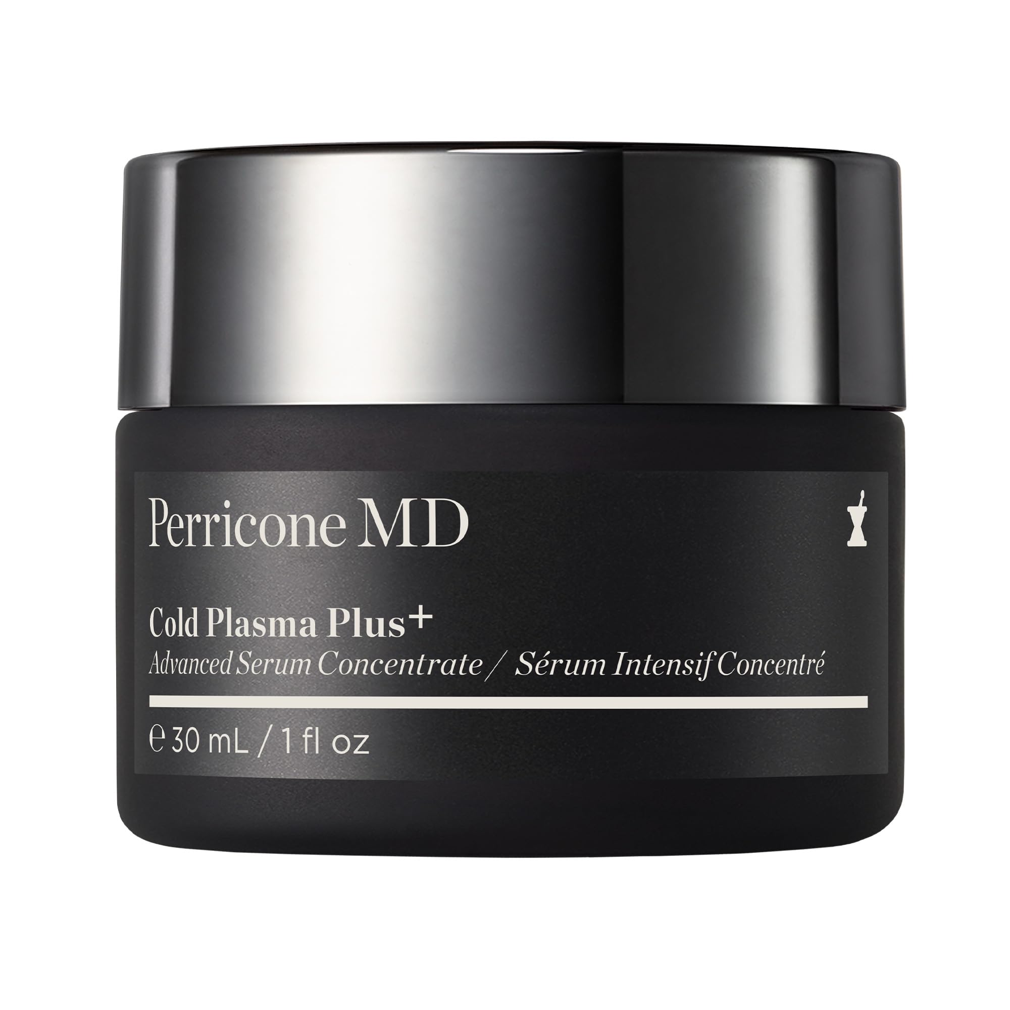 Perricone MD Cold Plasma Plus+ bottle close-up highlighting advanced serum for radiant, even-toned skin.
