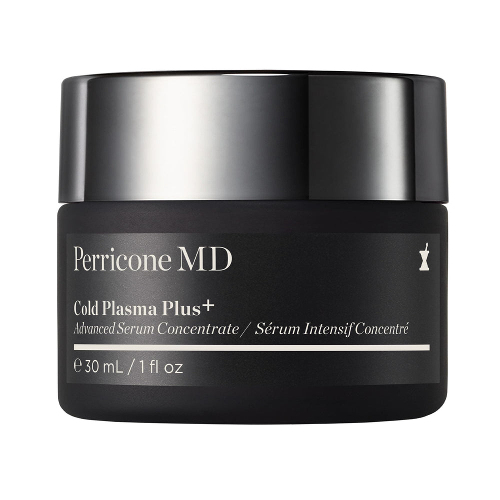 Perricone MD Cold Plasma Plus+ bottle close-up highlighting advanced serum for radiant, even-toned skin.
