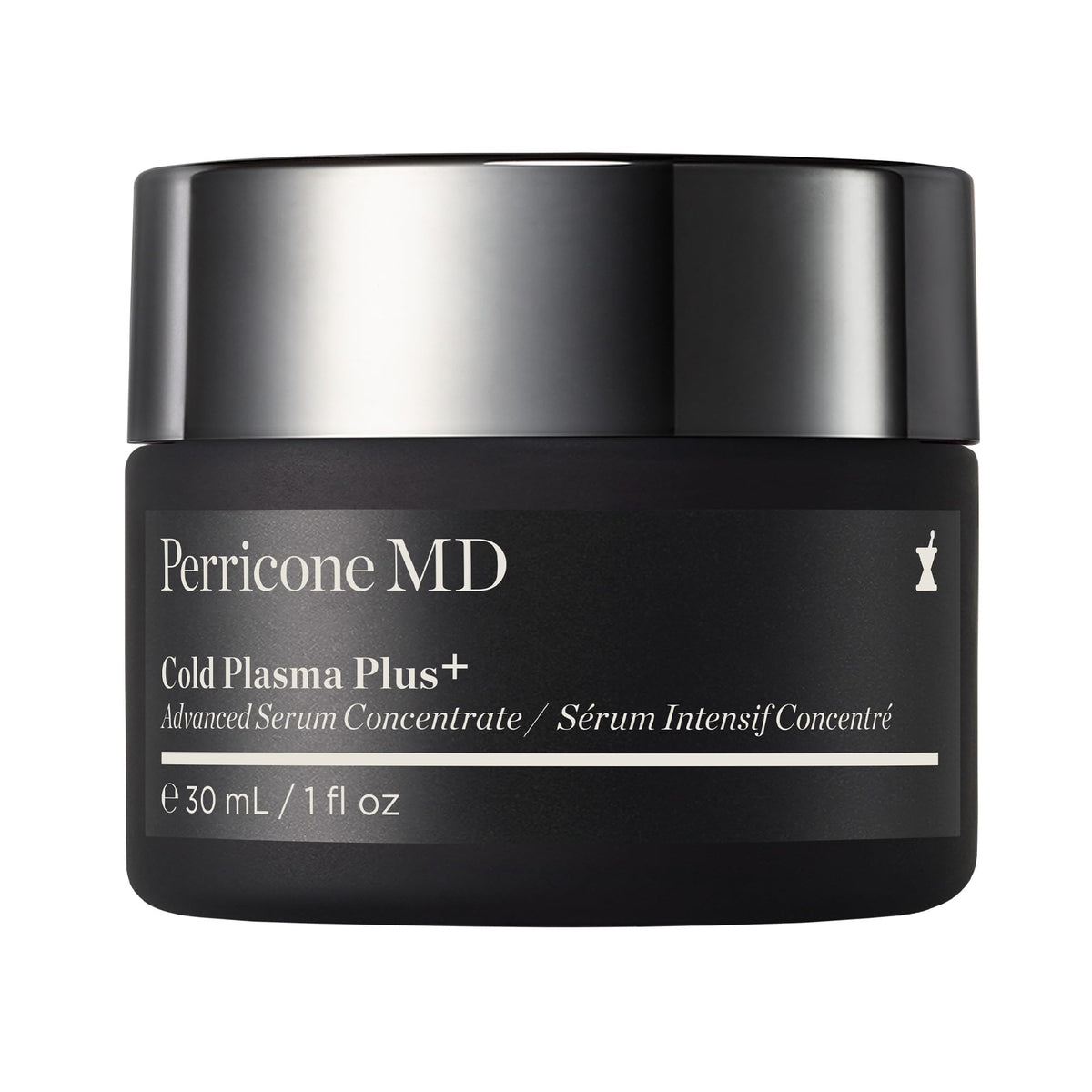 Perricone MD Cold Plasma Plus+ bottle close-up highlighting advanced serum for radiant, even-toned skin.