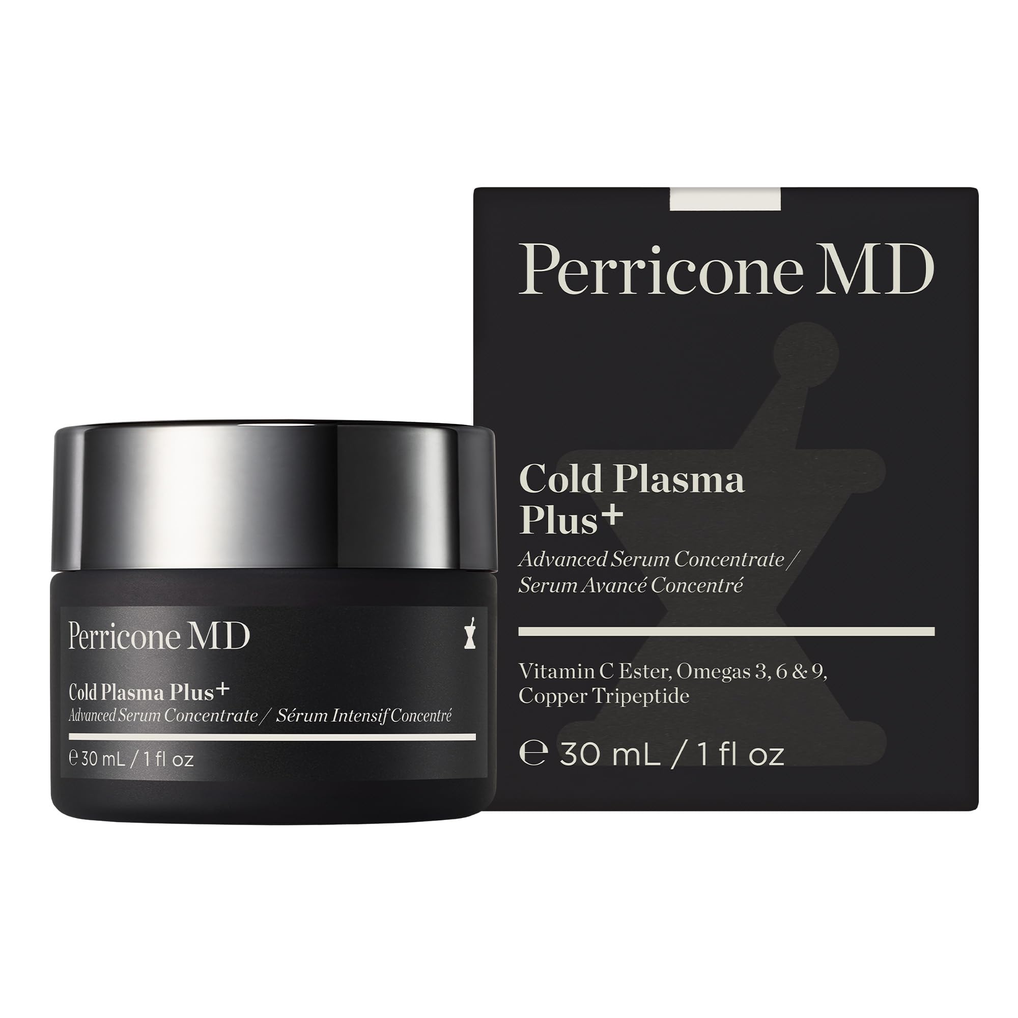 Perricone MD Cold Plasma Plus+ serum drop-dispense showing texture-smoothing and pore-minimizing benefits.