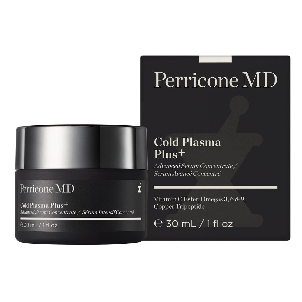 Perricone MD Cold Plasma Plus+ serum drop-dispense showing texture-smoothing and pore-minimizing benefits.