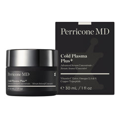 Perricone MD Cold Plasma Plus+ serum drop-dispense showing texture-smoothing and pore-minimizing benefits.