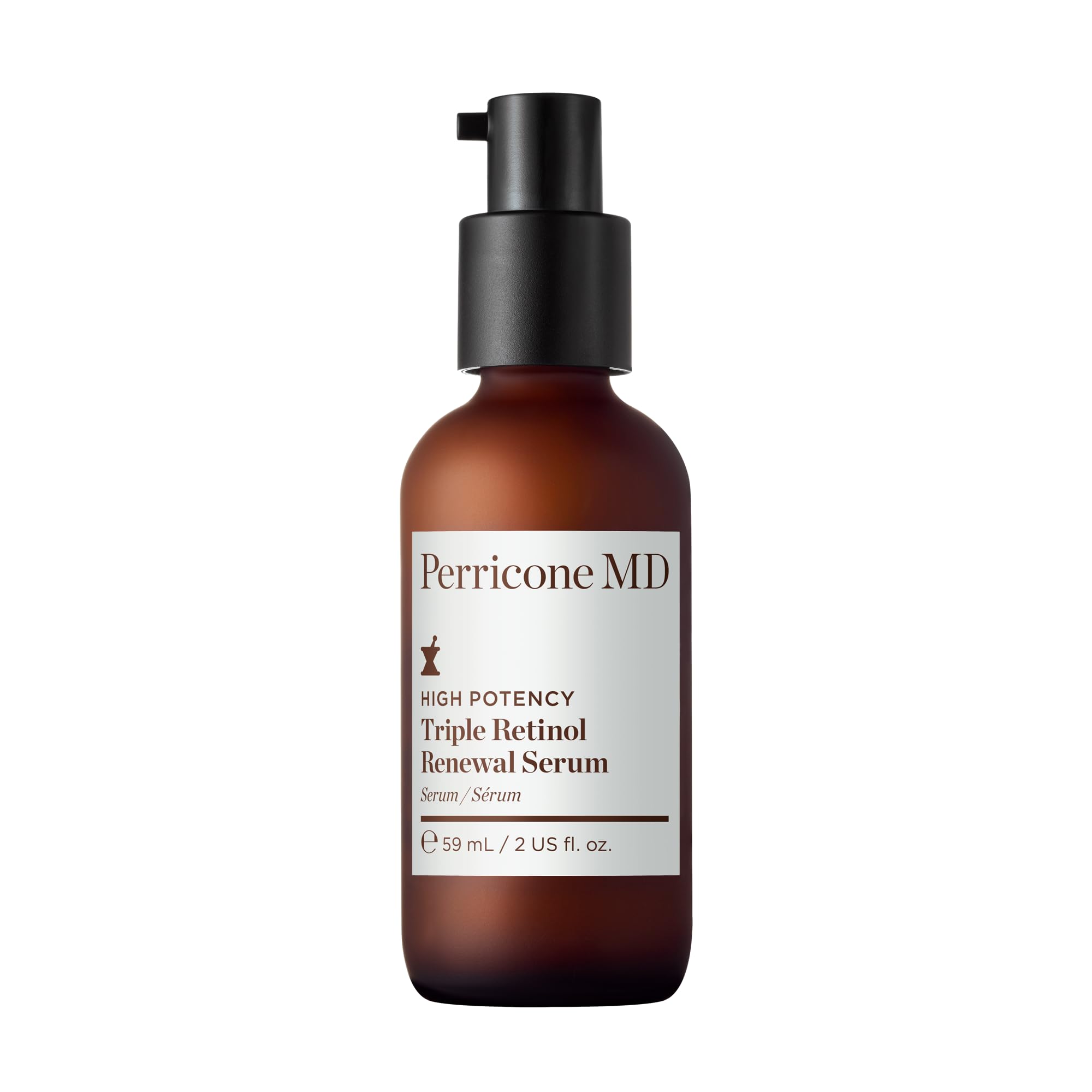 Perricone MD high-potency triple retinol renewal serum bottle ready for day and night care.