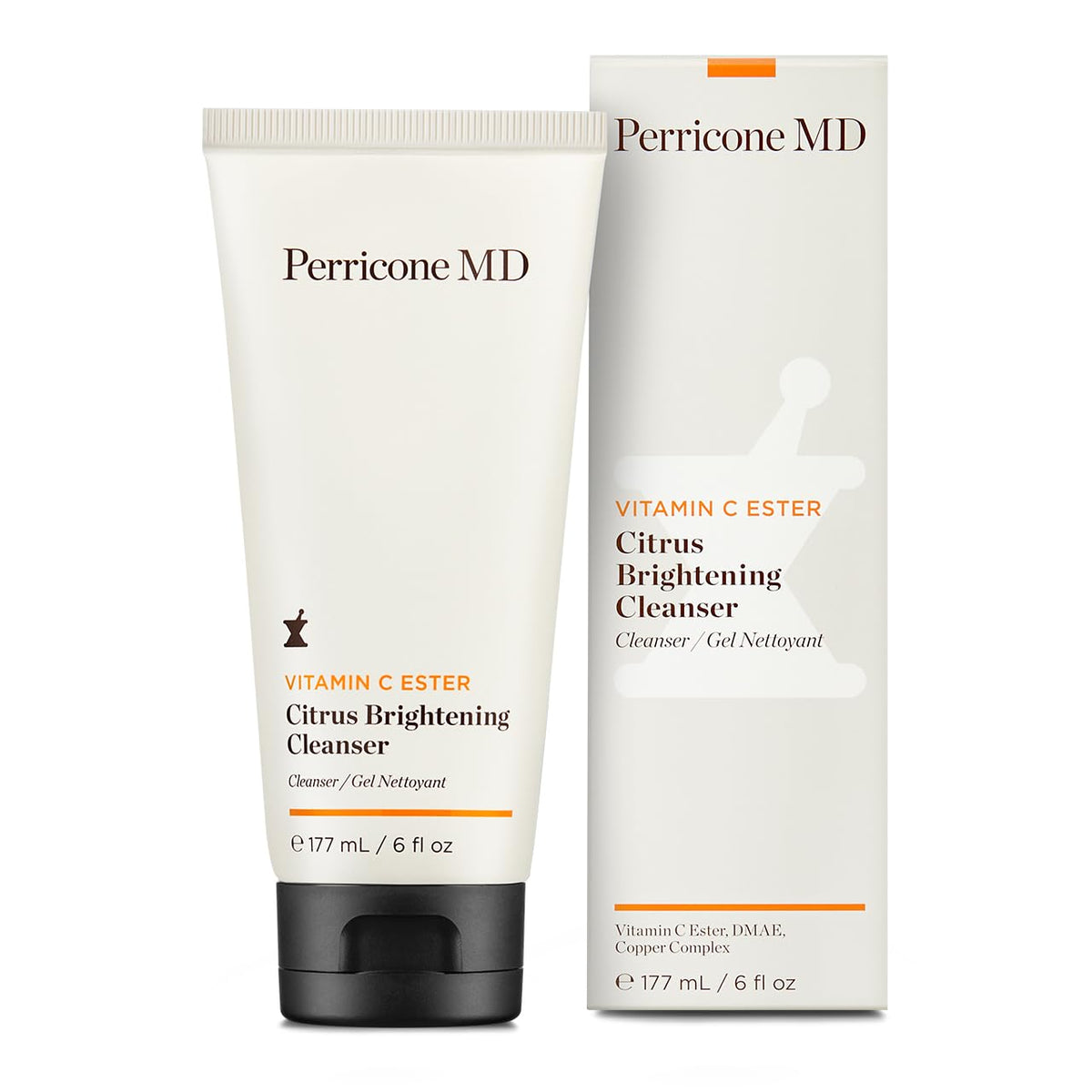 Perricone MD Vitamin C Ester Citrus Brightening Cleanser bottle promotes brightening and refreshing cleansing.