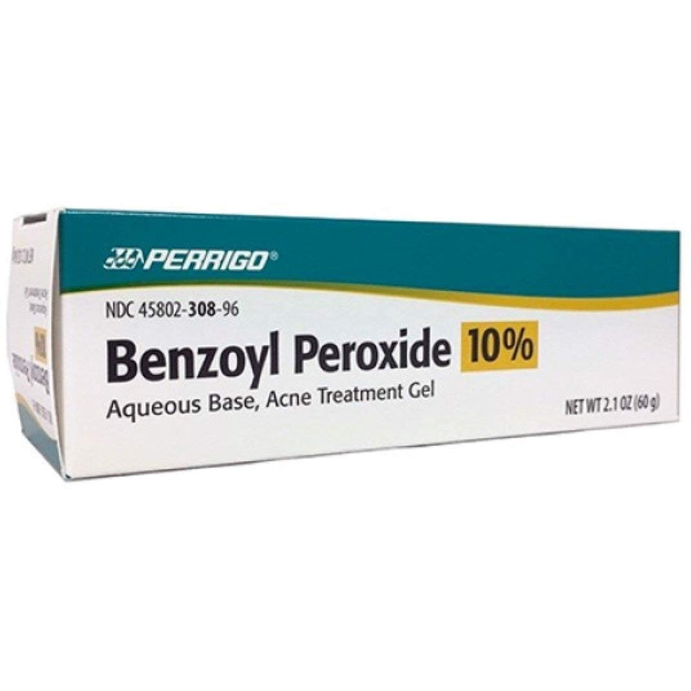 Perrigo acne gel bottle showing 10% benzoyl peroxide for targeted blemish care