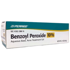 Perrigo acne gel bottle showing 10% benzoyl peroxide for targeted blemish care
