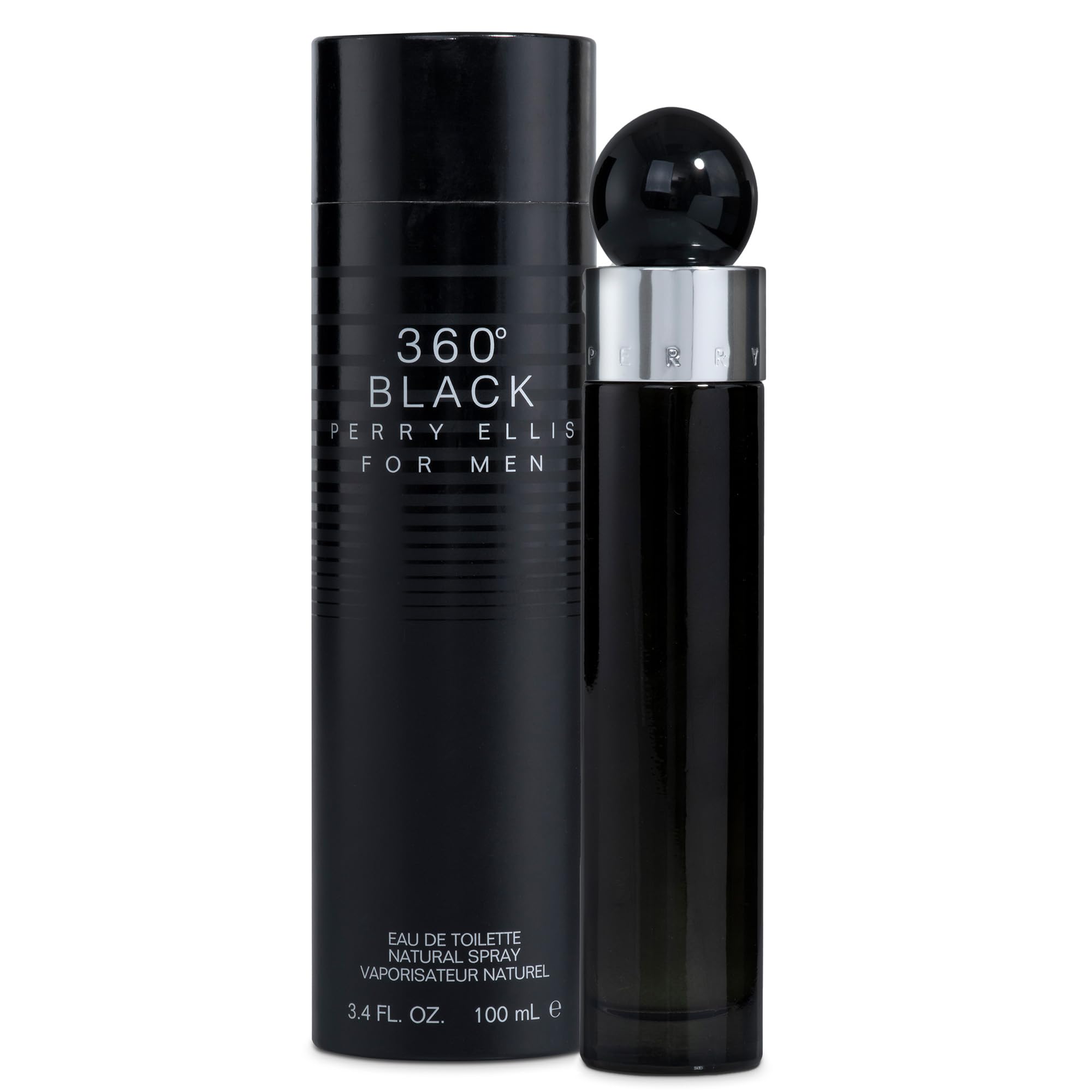 Perry Ellis 360 Black bottle front highlights a sleek masculine design for evening wear.
