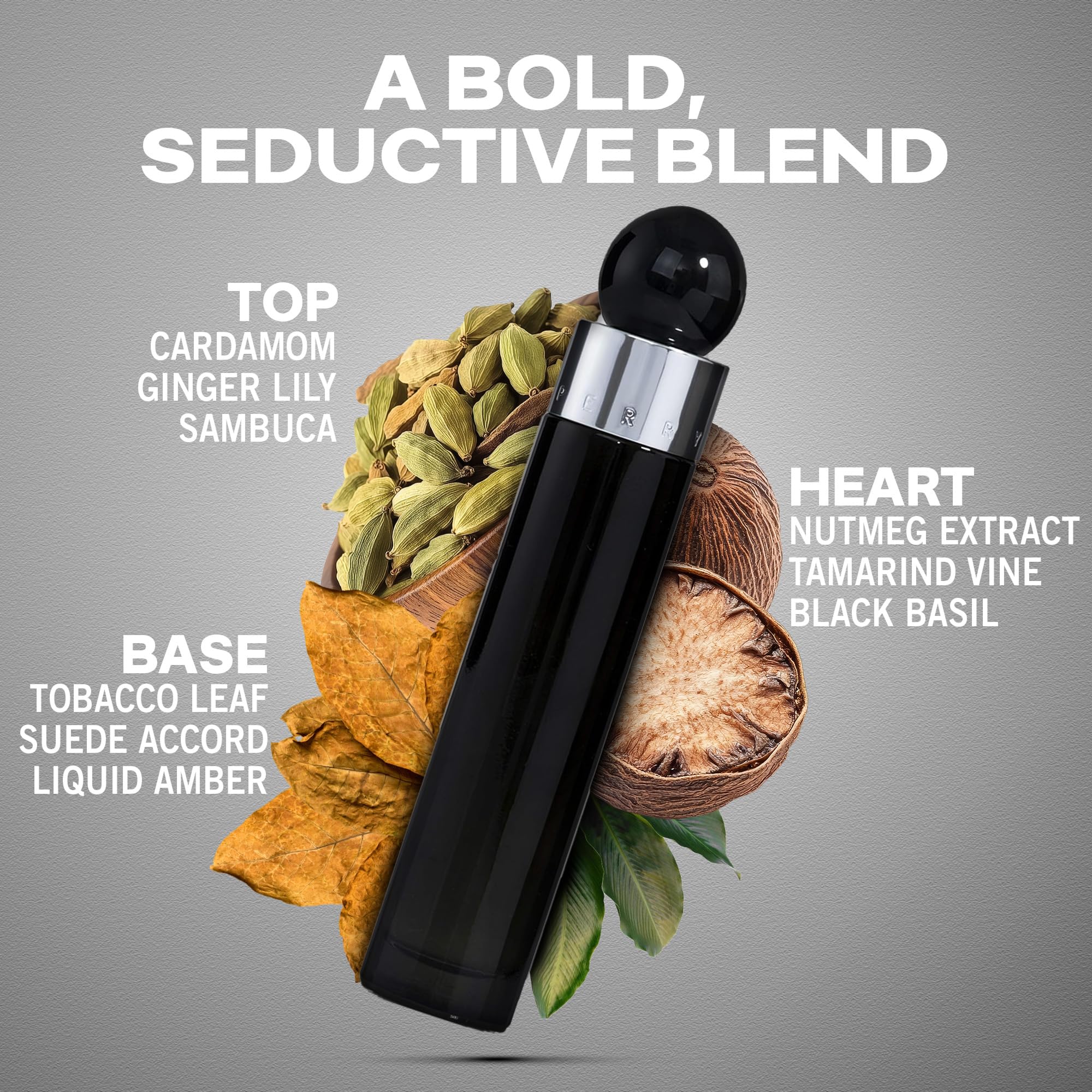 Perry Ellis 360 Black bottle top shot emphasizes premium scent experience and lasting impression.