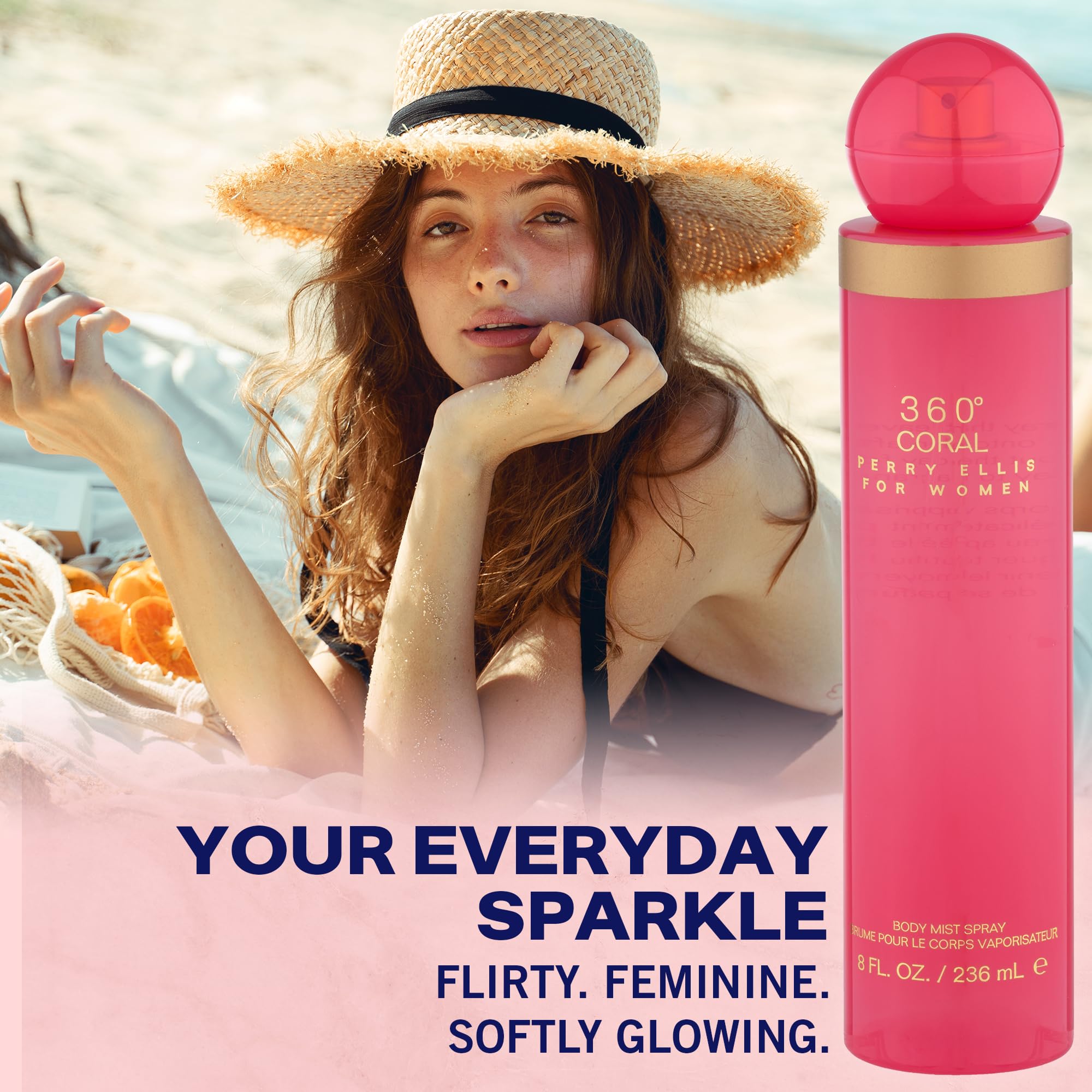Perry Ellis 360° Coral bottle with cashmere wood base note imagery.