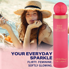 Perry Ellis 360° Coral bottle with cashmere wood base note imagery.