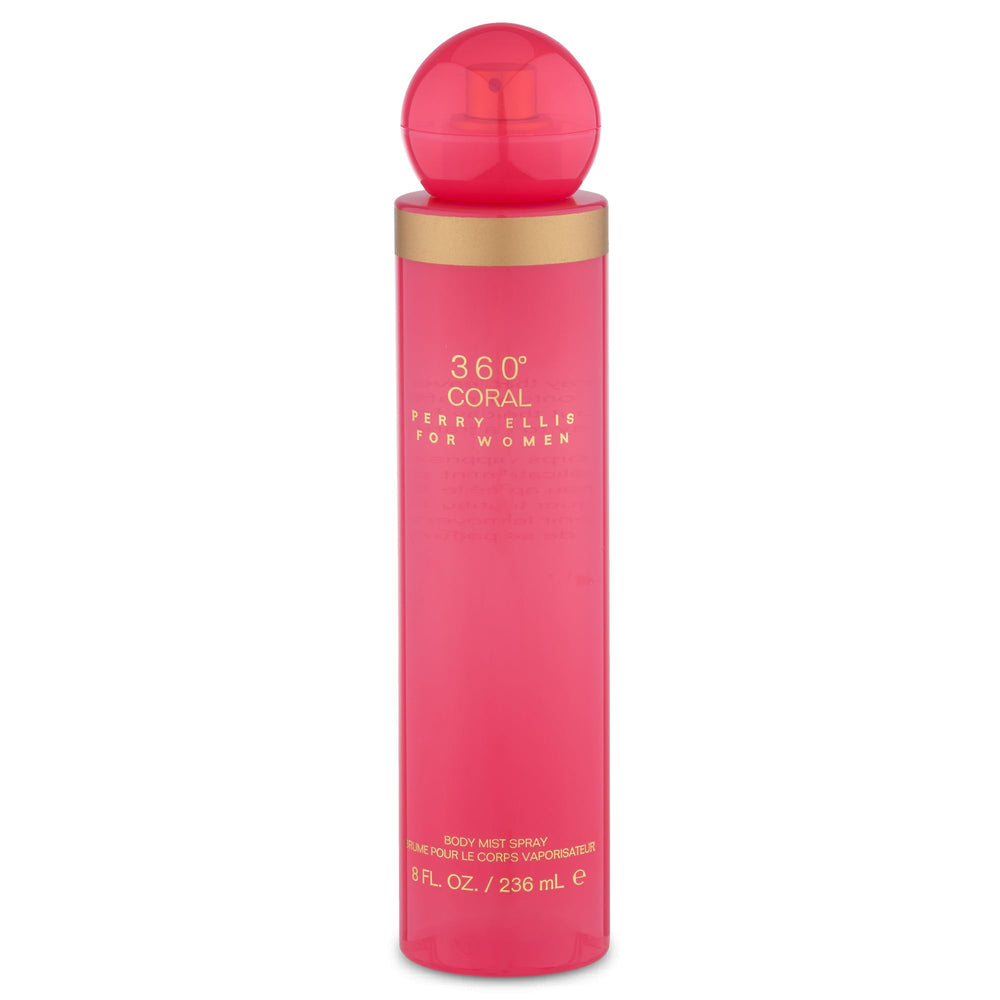 Perry Ellis 360° Coral body mist bottle on vanity for daily freshness.