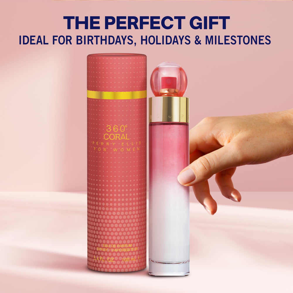 Perry Ellis 360 Coral lifestyle shot evoking floral-feminine sophistication